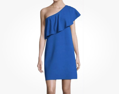 MILLY Royal Blue Ruffle One Shoulder Flounce Shift Cocktail Dress Heavy Knit L