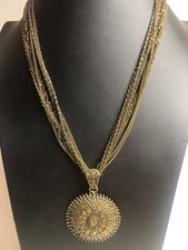 9856 Vintage Bohemian Multi-Strand Chain Necklace with Ornate Filigree Pendant