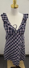 American Eagle Outfitters Plaid Ruffle Tie-Front Mini Dress Size Medium Navy