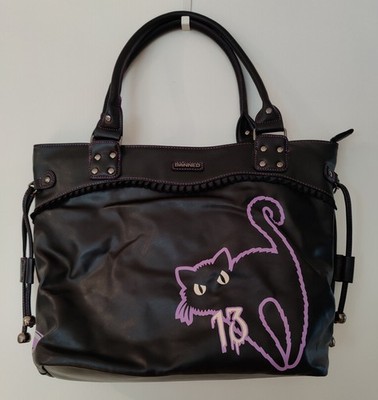 Banned Handtasche Tasche schwarz lila Katze Spiegel