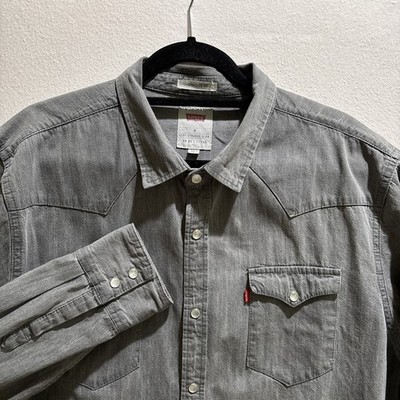 Levis Mens Grey Denim Western Long Sleeve Snap Front Shirt XL Standard Fit