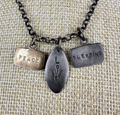 GK Design .925 Sterling Silver Charm Necklace - Love, Peace, Blessing - 15'' Rolo