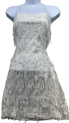Lulus Womens Embroidered Fringe Bodycon Party Dress Size M White Back Tie