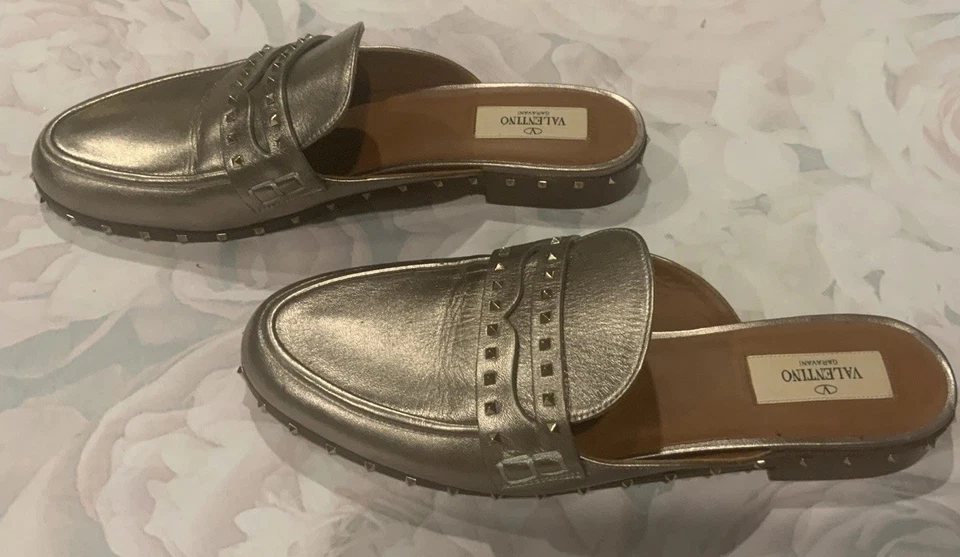 VALENTINO GARAVANI Mules Rockstud Soul Gold Leather Slides Flats Shoes size 39 - Image 4 of 4