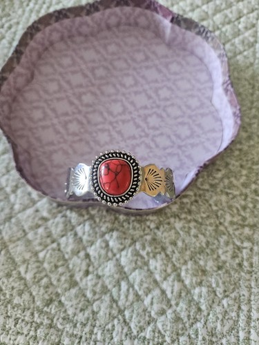 Silver Tone Cuff Bracelet Oval Red Turquoise Bezel Set Stone, 1 Gem