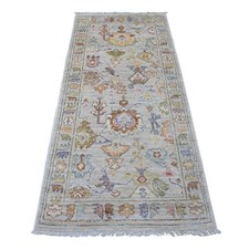 2'9"x5'10" Gray Angora Oushak Leaf Design Hand Knotted Wool Runner Rug 22394