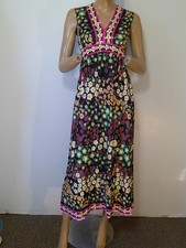 Vtg 60s MOD Flower Power Psychedelic Silky Nylon Maxi Dress S