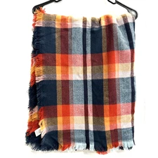 LL Bean Fringed Blanket Scarf Plaid Red Blue Gold Preppy Fall Autumn Classic