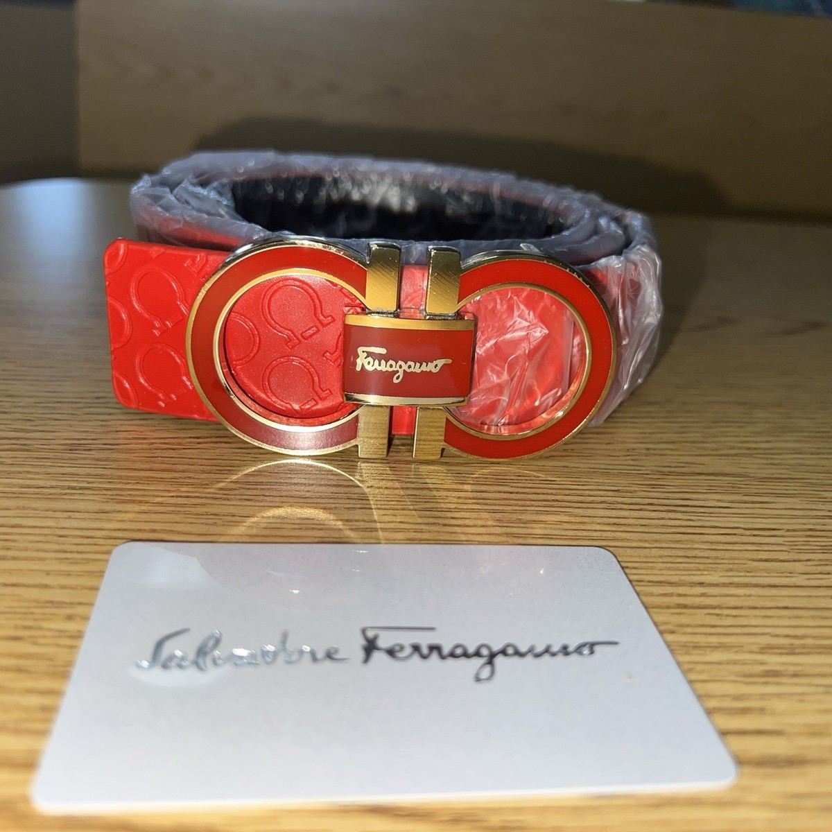 Men's Salvatore Ferragamo Belt, Red Leather, Gold/Red Buckle New