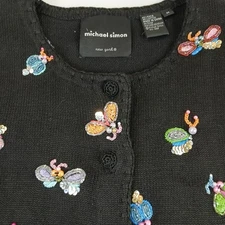 MICHAEL SIMON Sweater Medium Black Cotton Embroidered Sequin Beaded Bugs Vintage