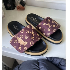 Ego Women's Monogram Nylon Slider Sandals Brown Beige Black UK Size 4 Flat Heel