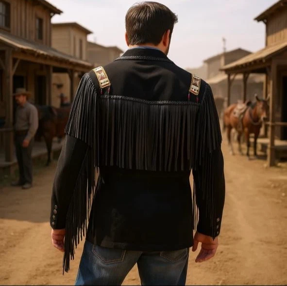 Hombres Western Liberty Engle Estilo Vaquero Gamuza Hombres Chaqueta de Cuero con Flecos Foto 2 de 3