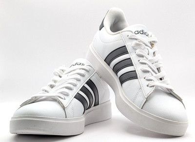 Adidas Women Grand Court Iconic Sneakers Lace-up White w/ Black Stripes Sz 8.5