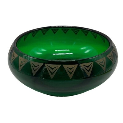 Dalzell Viking Bowl Epic Line Vintage Green Glass Geometric Gold Triangles MCM