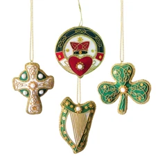 Irish Hanging Christmas Tree Ornaments Velvet Decoration Set 4pcs- Gold Thread