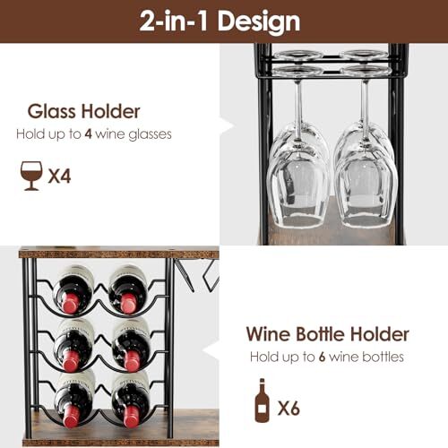 Wine Racks Countertop, Wine Bottle Holder for 6 Bottles & 4 Glasses Wooden - Picture 4 of 7