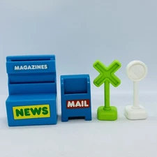 Lot/4 Vintage Sesame Street Newspaper Stand Mailbox and (2) Railroad Train Signs