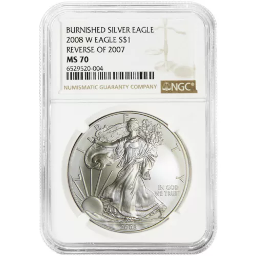 2008-W $1 Burnished American Silver Eagle Reverse of 2007 NGC MS70 Brown Label