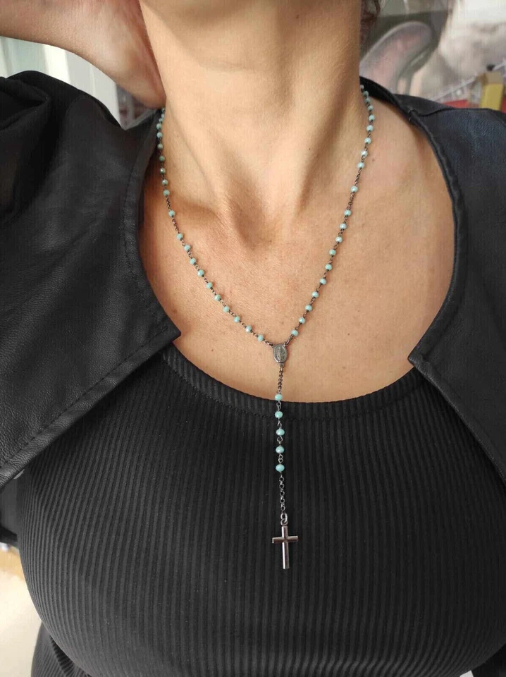 AMEN COLLANA ROSARIO DONNA IN ARGENTO BRUNITO CON CRISTALLI CRONT4 (280) - Immagine 3 di 4