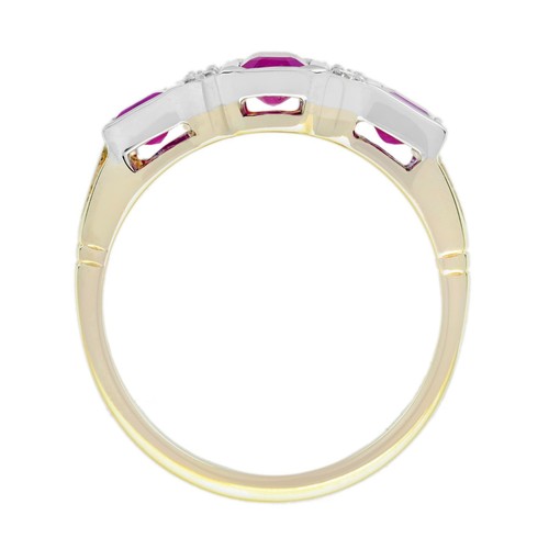 9K Yellow Gold Ruby Diamond Art Deco Style Three Stone Ring - Picture 6 of 11
