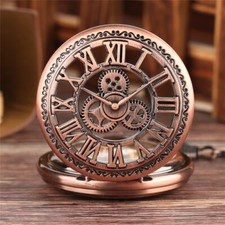 Men's Mechanical Pocket Watch Gear Red Copper Case Skeleton Steampunk with Chain