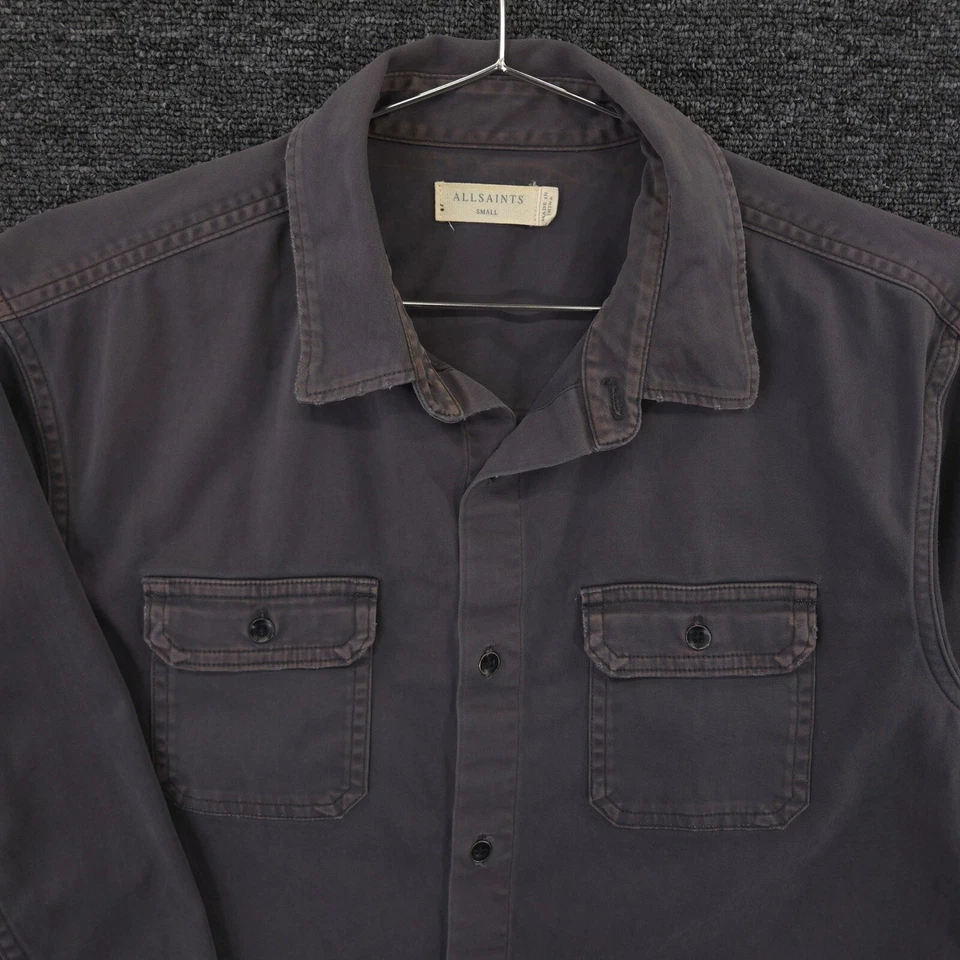 AllSaints Shirt Mens S Brown Utility Distressed Raw Edge Detail Pocket Button Up - Image 2 of 4