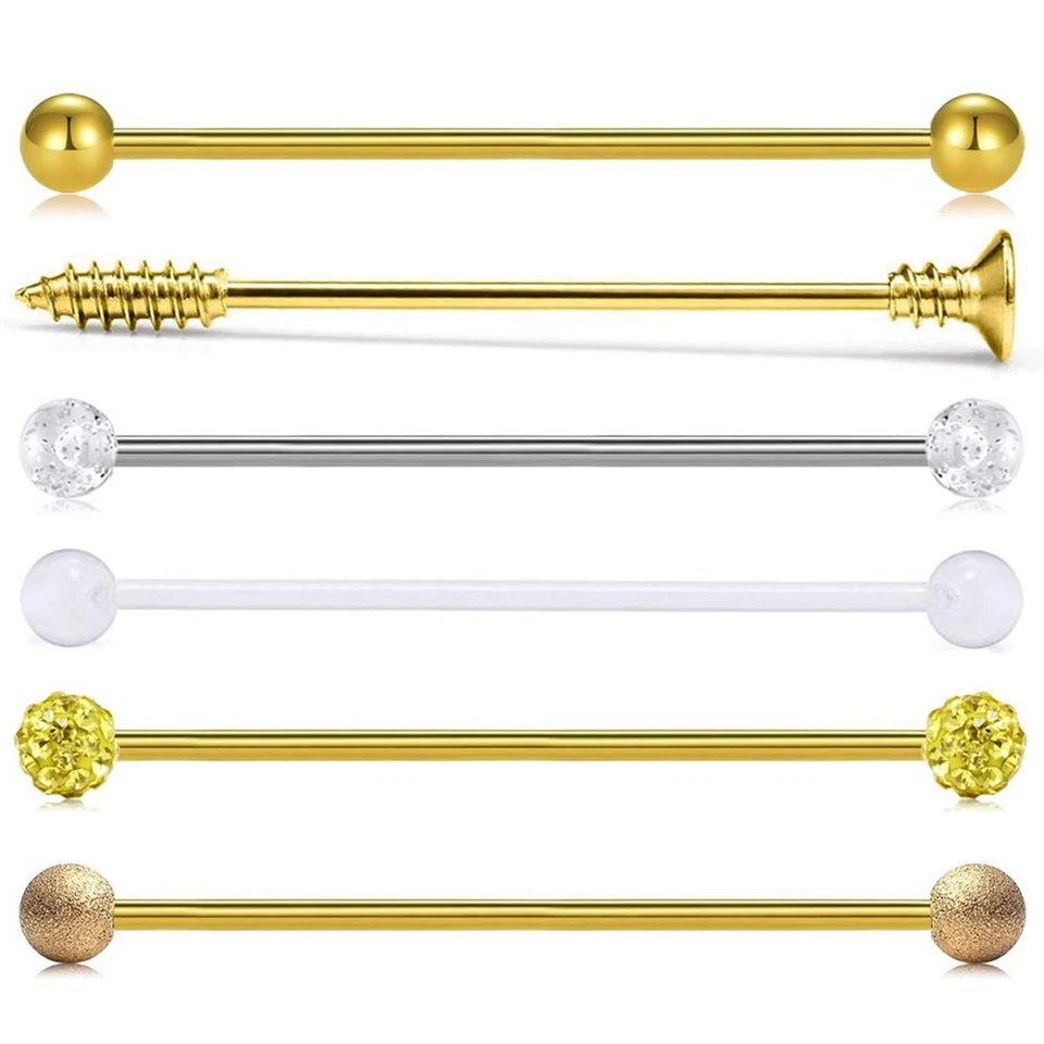 6 piezas Acero Inoxidable Industrial Barra para Oreja Lengua Pezón Anillo Circonita cúbica 14G Piercing Foto 3 de 4