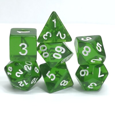 New 7 Piece Polyhedral Translucent Deep Green Dice Set W/ Dice Bag TTRPG