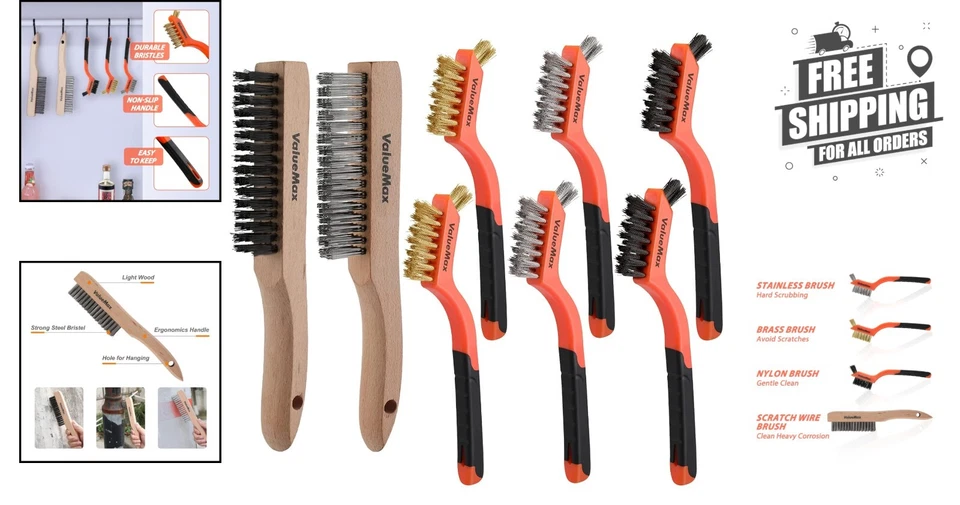 8 件钢丝刷套装带人体工学山毛榉木手柄,适用于重型清洁 — 第 2/4 张图片