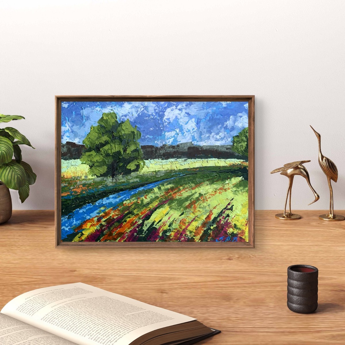 Oil Painting Green Fields Under Clear Skies V. Zadorozhnya