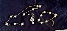 Tin Cup White Pearl & Gold Necklace & Bracelet & Earring Set from Indonesia