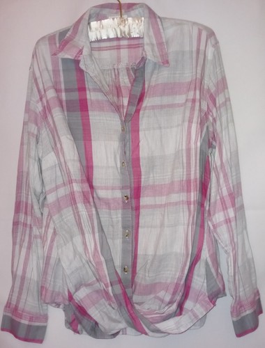 Maurices Top 0 Pink and Gray Plaid Rolled Hem Button Down Shirt Blouse Women's L - Picture 7 of 9
