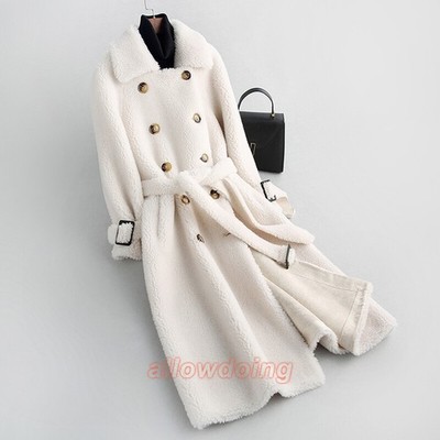 Women Cashmere Lamb Fur Coat Warm Double-breasted Shearling Jacket Long Business