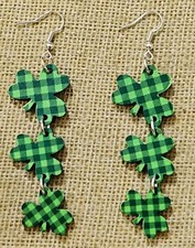 Wooden Triple Shamrock Clover Dangle Earrings Green Gingham St. Patrick's Day  .