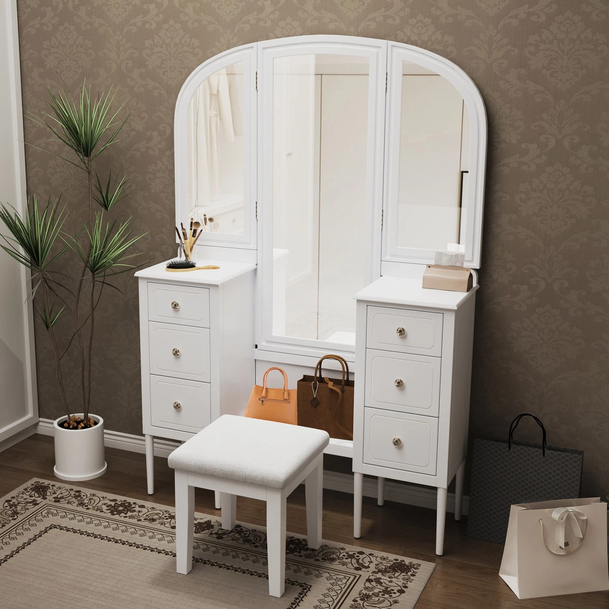 Antique Makeup Vanity Desk with Triple Mirror, 6-Drawer Dressing