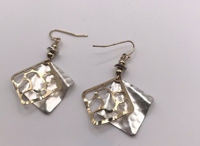 Gold Colored Design Two Piece Cut Out & Hammered Earrings Gold & Silver Color