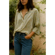 Xirena Daphne Top Womens Large Yellow Floral Print Button Down Silk Cotton