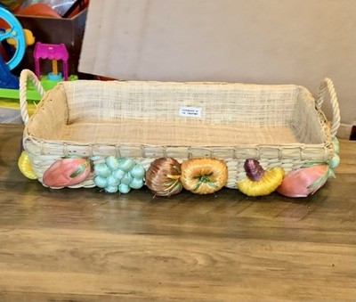 Vintage HandWoven Basket Casserole Carrier Handles 3D Vegetables Mushroom Burlap
