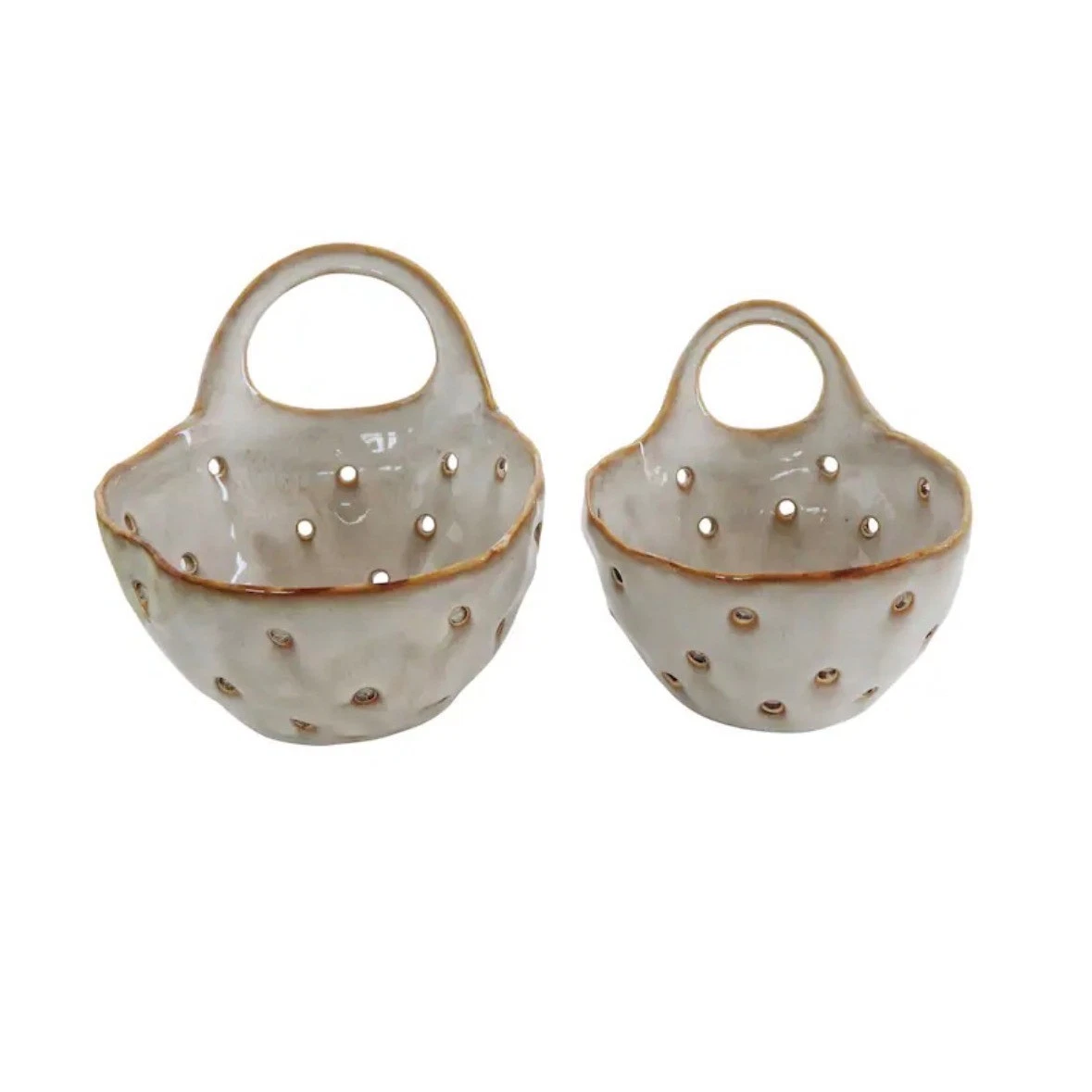 Stoneware Berry Colander Set of 2 with Handles Reactive Glaze Cream Rustic