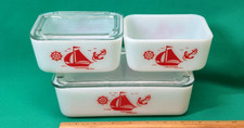 3 Vintage McKee Milk Glass Red Sailboats Refrigerator Dishes Containers