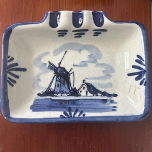 VTG Delfts Handpainted Holland Ashtray/Trinket Dish- Windmill Blue/White Ceramic