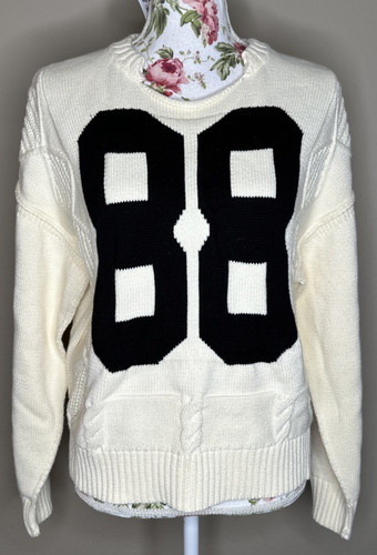 Aaron & Amber Sweater Womens Sz L Cream Cable Knit Football 88 Pullover NWT