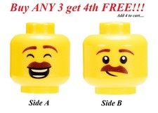 NEW LEGO Minifigure Minifig Dual Sided Head Face MALE Brown Moustache Smile