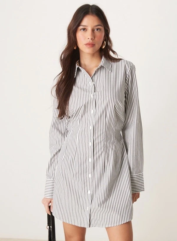 Mini Camisa Vestido Abercrombie & Fitch Manga Larga Ajustado a Rayas Negras, Talla L Foto 2 de 4