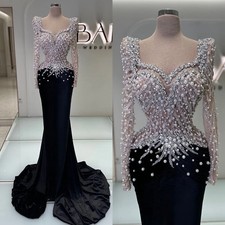 Elegant Black Mermaid Evening Dresses Long Sleeves Silver Lace Beaded Prom Gowns