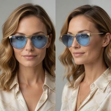 Womens Oversized Sunglasses Gold Metal Frame Blue Tinted Lens Shield Lentes New