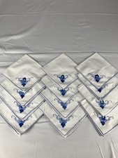 VTG White Dinner Napkin Set of 12 Blue Floral Corner Applique Embroidered Border