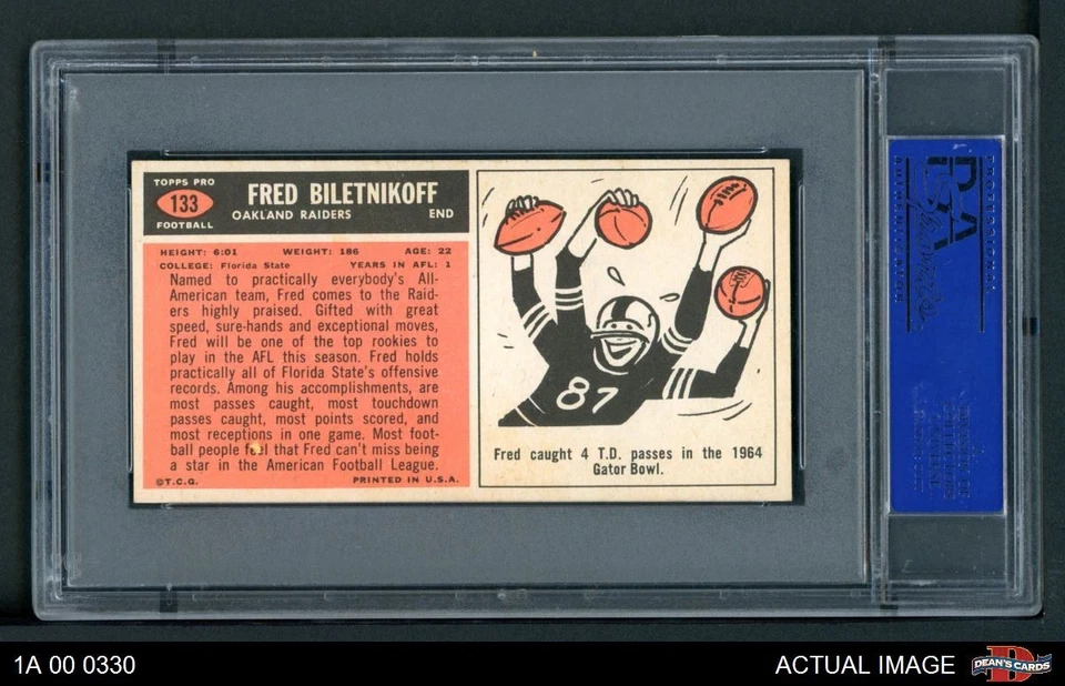 1965 Topps #133 Fred Biletnikoff Raiders SHORT-PRINT RC HOF Florid PSA 6 - EX/MT - Image 2 of 2