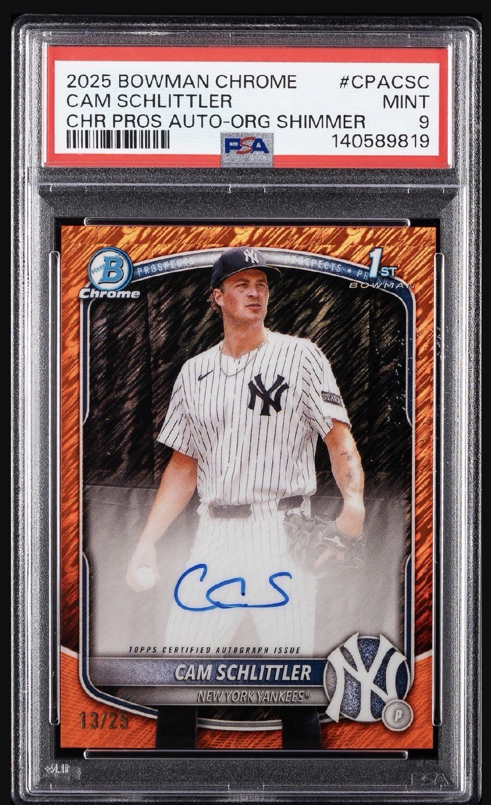 2025 Bowman Chrome Cam Schlittler Orange Shimmer /25 Auto PSA 9
