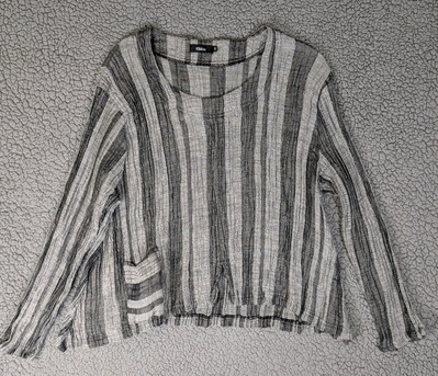 Ralston Top Women's Plisse Blouse M Linen Blend Striped Art Lagenlook Euro